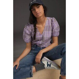 Anthropologie Purple Plaid V-Neck Short Sleeve Blouse (NWT)
